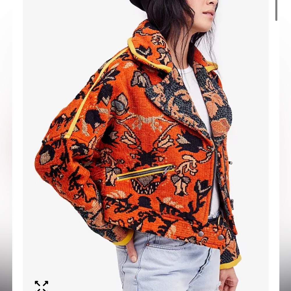 Free People Size Medium Mosaic Boxy Tapestry Moto Statement jacket orange